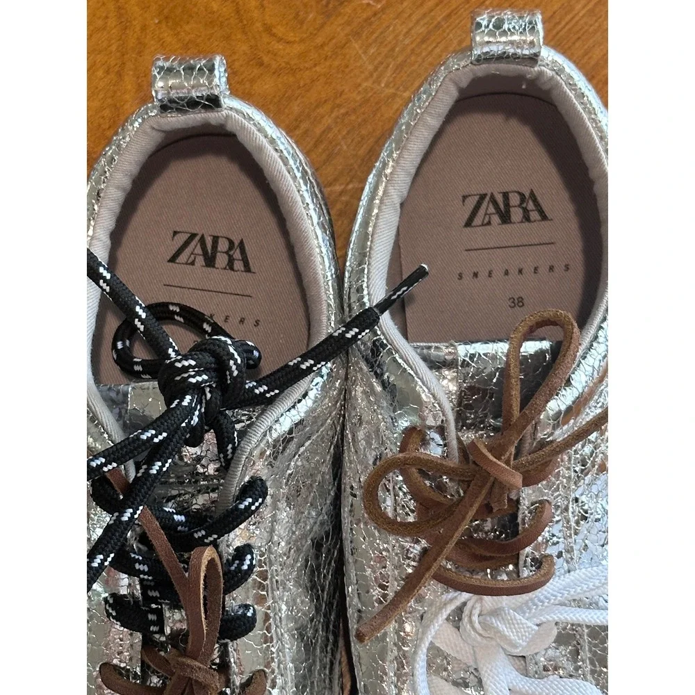 Zara Metallic Silver Crackle Sneakers Low Top Driving Sole Multi Laces Size 38